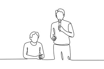 Pencil outline of someone speaking into a handheld mic