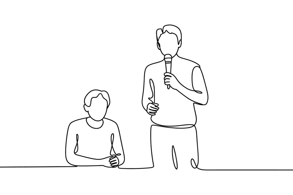 Pencil outline of someone speaking into a handheld mic