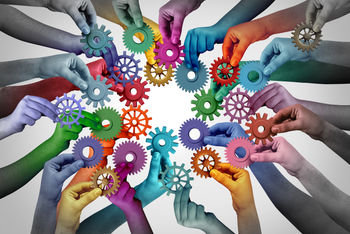 Connections cogs hands graphic