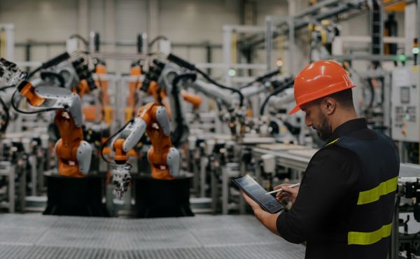 Robots working in manufacturing plant
