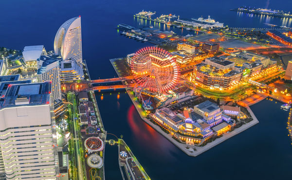 Aerial night view of Yokohama Cityscape at Minato Mirai waterfront district.