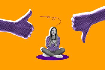 thumbs up and down girl seated with mobile