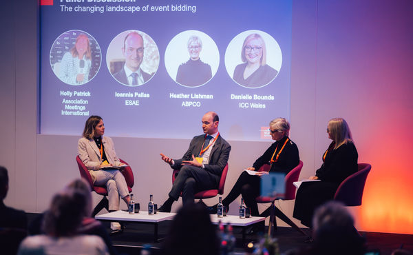 (L-R) Panel moderator Holly Patrick, senior journalist AMI, Ioannis Pallas, managing director European Society of Association Executives, Heather Lishman, director Association of British Professional Congress Organisers and Danielle Bounds, director of sales at ICC Wales.