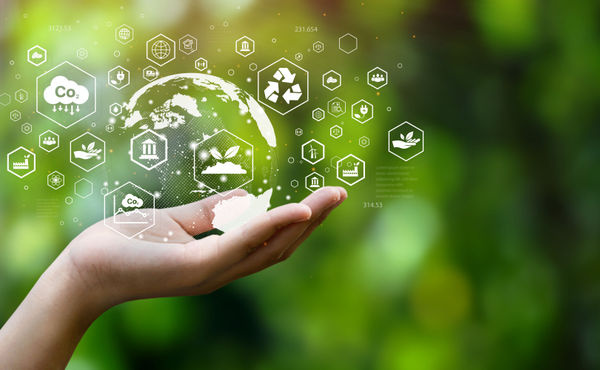 Sustainability globe in hand illustration