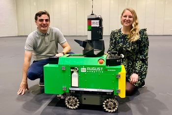 Alex Wyatt from August Robotics together with Lionel the robot and Natalie Sykes Sustainability Manager at ExCeL