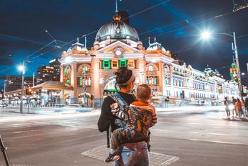 Baby in backpack outside Melbourne station