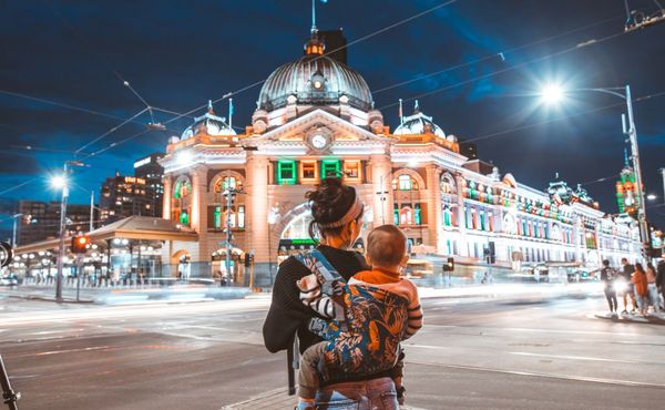 Baby in backpack outside Melbourne station