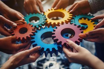 People holding cogs to come together for common purpose