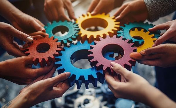 People holding cogs to come together for common purpose