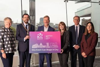 Ellvena Graham OBE, chair of Tourism NI; Deputy Lord Mayor of Belfast, Cllr Paul Doherty; Rob McConnell, chief executive, ICC Belfast; economy minister Dr Caoimhe Archibald; Steve Daniels, chair, ICC 