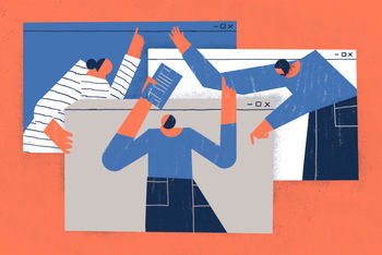 Graphic illustrating remote working with laptops