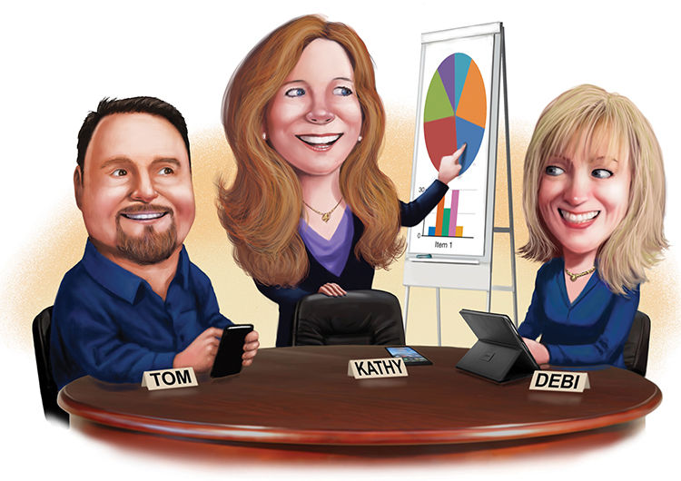 Cvent implementation team manager Tom Patten, EY global meetings & events operations manager Kathy Grau & strategic meetings management coach Debi ScholarCredit: Illustration by Scott Pollack