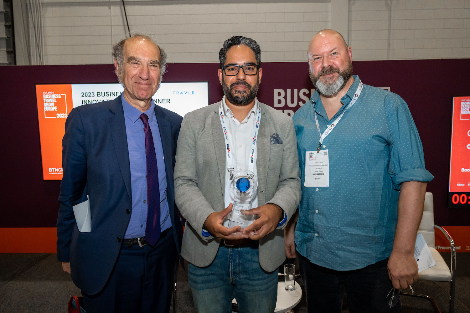 Travlr ID founder and creator Gee Mann (center), winner of the Business Travel Show's Innovation Faceoff, poses with the BTN Group's David Meyer (left) and Microsoft's Steve Clagg.Credit: Andy Hoskins