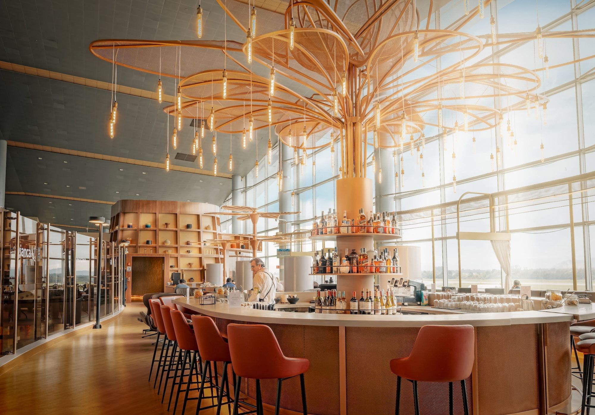Avianca's international Diamond VIP lounge in Bogotá includes a central bar, among other amenities.