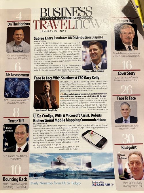 Business Travel News underwent a short-lived re-design in 2011. It included a pictorial cover, with story headlines pushed mainly to a table of contents, taking the form of a 'news magazine' as opposed to a 'newspaper.'