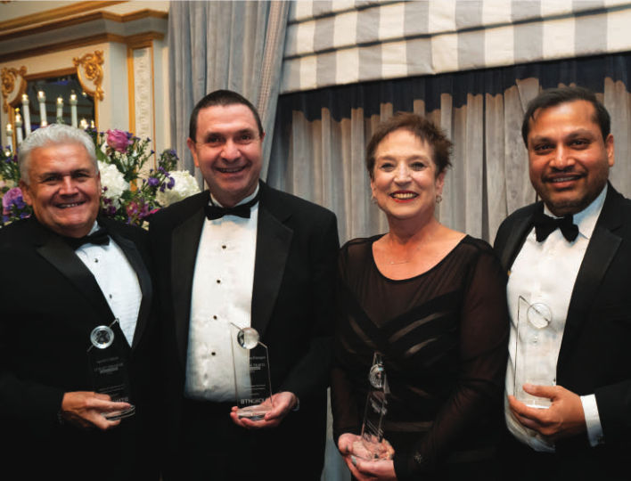 Credit: Business Travel Hall of Fame Class of 2019, from left: inductee Ralph Colunga, Emirates USA regional sales director Joel Goldowsky (inducting Sir Maurice Flanagan), inductee Christie Hicks and inductee Reggie Aggarwal