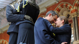 Giant kissing couple model new Eurostar uniforms