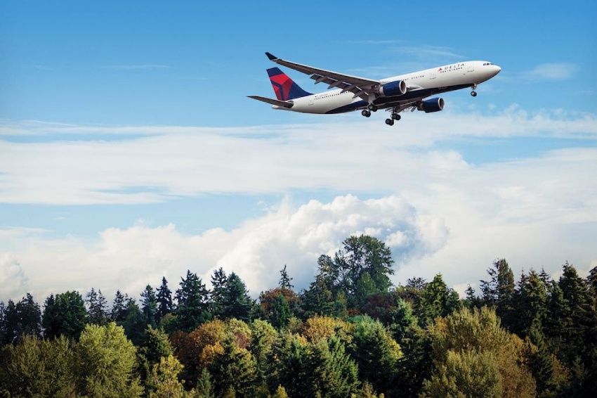A Delta aircraft flying over trees