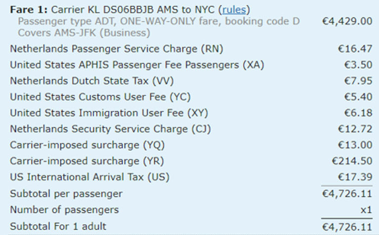 YQ and YR surcharges total €227.50