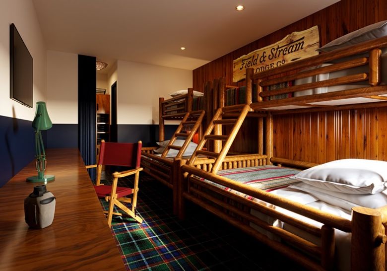 Bunk bed room with dedicated workspace and peg board storage Bunk bed room with dedicated workspace and peg board storage