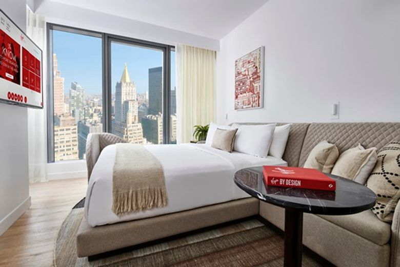 Guest room at the Virgin Hotel in New York City Guest room at the Virgin Hotel in New York City