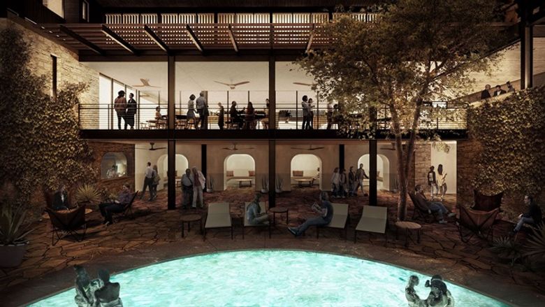 Rendering of cabanas by the pool at The Albert Hotel in Fredericksburg, Texas Rendering of cabanas by the pool at The Albert Hotel in Fredericksburg, Texas