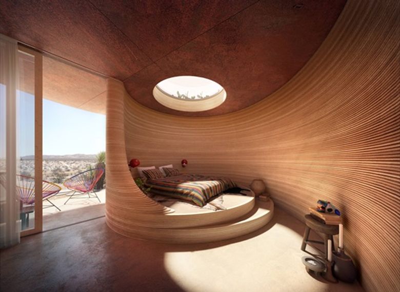 Rendering of 3D-printed rooms at El Cosmico 2.0 Rendering of 3D-printed rooms at El Cosmico 2.0