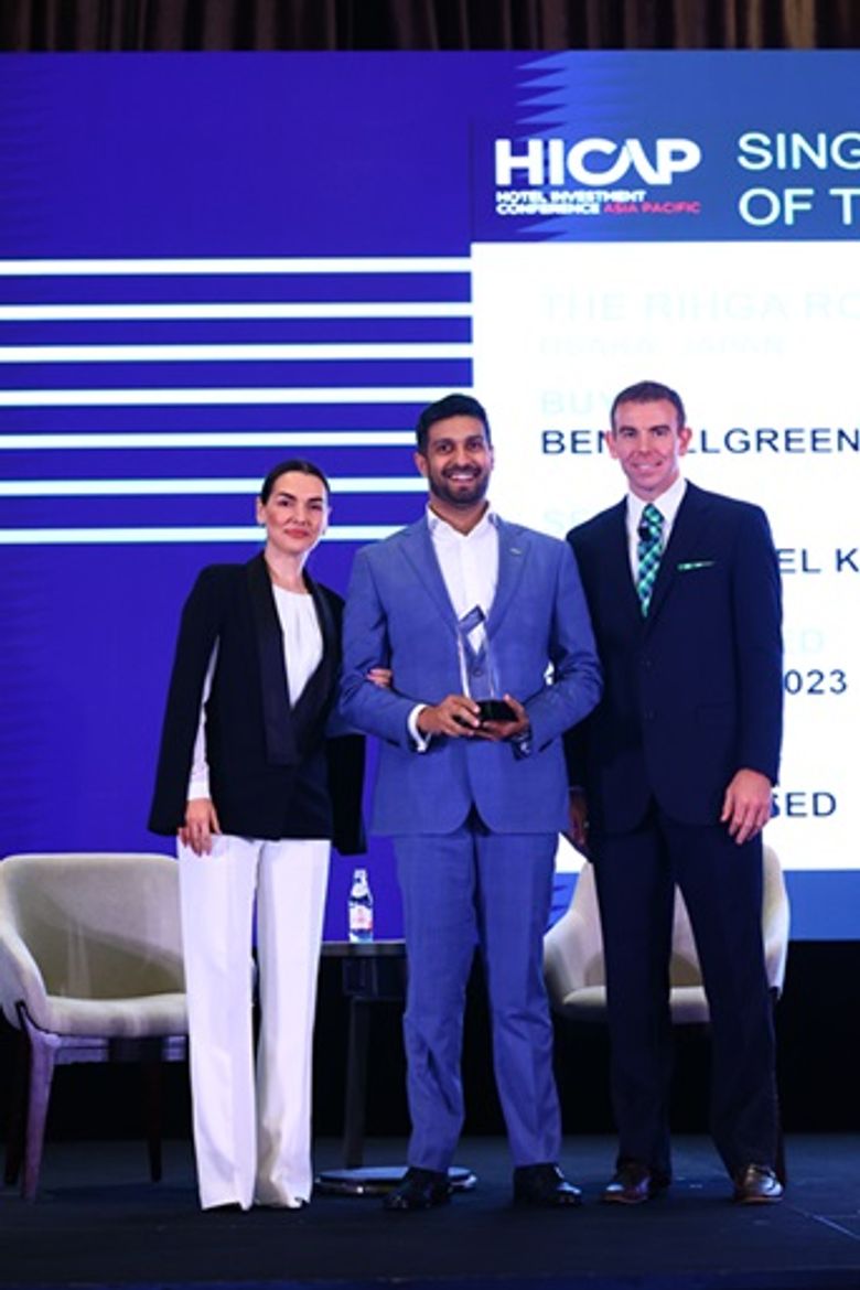 Single Asset Transaction of the Year Award (l. to r.): Judging panel member and presenter Lada Shelkovnikova, Watson, Farley & Williams; accepting on behalf of The RIHGA Royal Hotel Osaka, Abhijay Sandilya, Japan & Micronesia at IHG Hotels & Resorts; and Jonathon Zink, The BHN Group. Single Asset Transaction of the Year Award (l. to r.): Judging panel member and presenter Lada Shelkovnikova, Watson, Farley & Williams; accepting on behalf of The RIHGA Royal Hotel Osaka, Abhijay Sandilya, Japan & Micronesia at IHG Hotels & Resorts; and Jonathon Zink, The BHN Group.