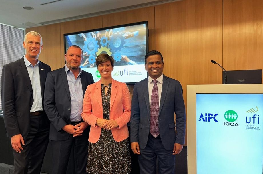 Strength in unity: (from left ): UFI CEO Kai Hattendorf, AIPC CEO Sven Bossu, ICCA president Marta Gomes, and ICCA CEO Senthil Gopinath.