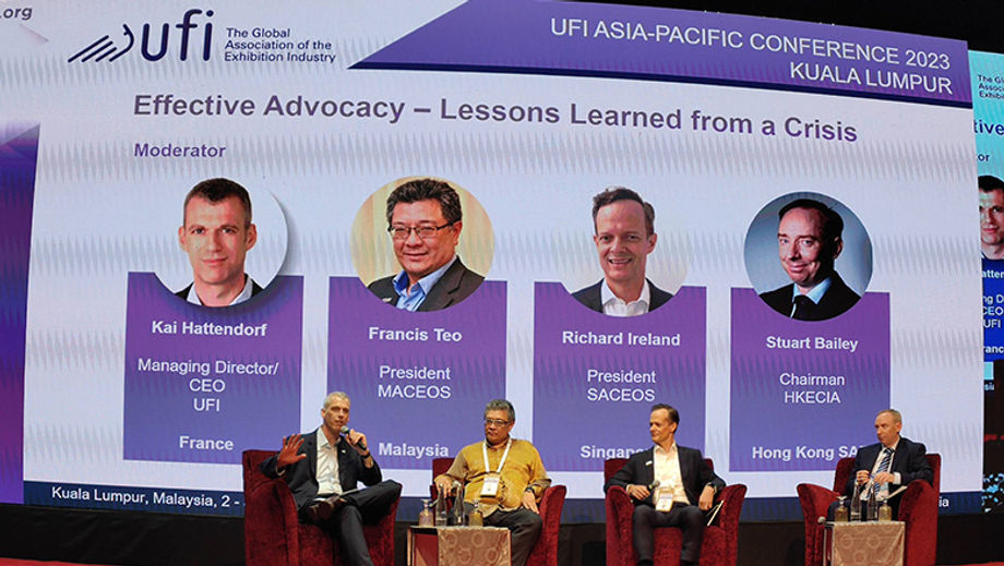 Panel at UFI Asia Pacific Conference 2023 in Kuala Lumpur: UFI's Kai Hattendorf, MACEOS's Francis Teo, SACEOS's Richard Ireland and HKECIA's Stuart Bailey.