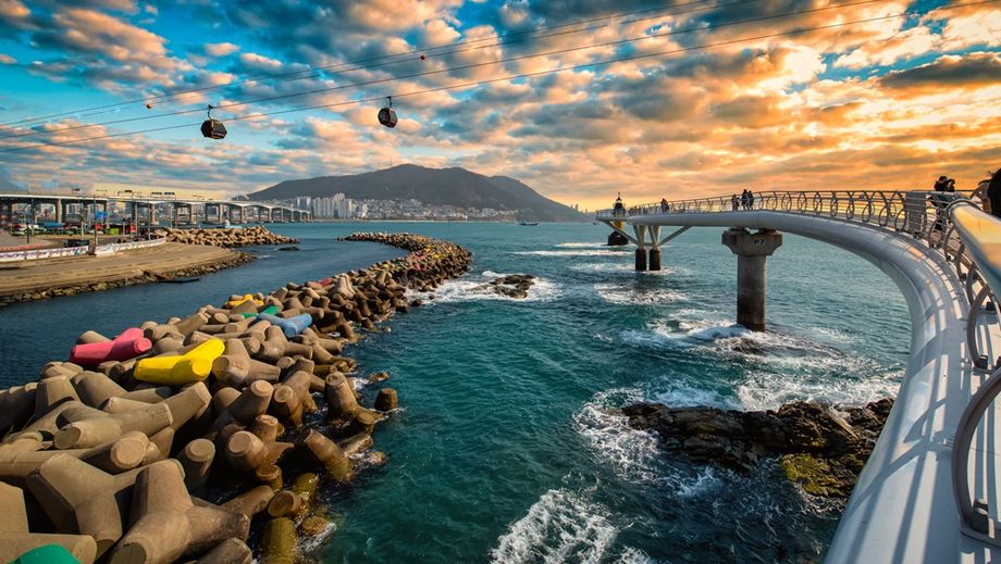 Songdo skywalk at sunset in Busan.