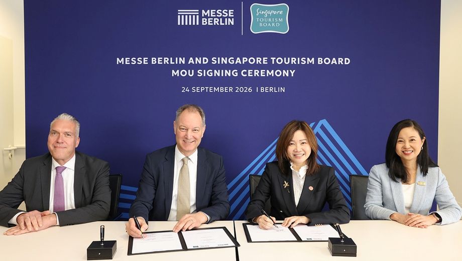 From left: Dirk Hoffmann, COO, Messe Berlin; Mario Tobias, CEO Messe Berlin;  Melissa Ow, chief executive, Singapore Tourism Board; Ong Huey Hong, assistant chief executive, Industry Development Group, Singapore Tourism Board at the MoU Signing Ceremony.