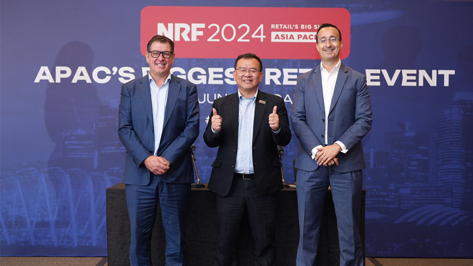 (from left) Comexposium’s Ryf Quail; STB’s Poh Chi Chuan; and Mastercard’s David Mann at the media event for NRF 2024: Retail's Big Show APAC.