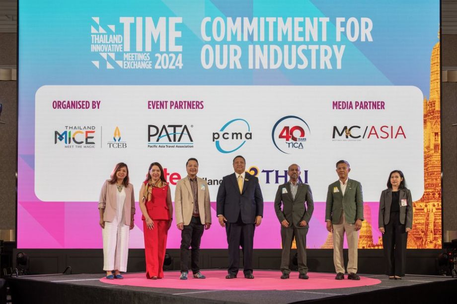 TCEB’s Chiruit Isarangkun Na Ayuthaya (centre) welcomes TIME 2024 partners on stage, including M&C Asia’s Xinyi Liang-Pholsena, SITE Thailand’s Paula Wongjunpen, Gevme’s Daniel Tjan, PATA’s Noor Ahmad Hamid, TICA’s Sumate Sudasna and Thai Airways' Pornsri Chotiwit.