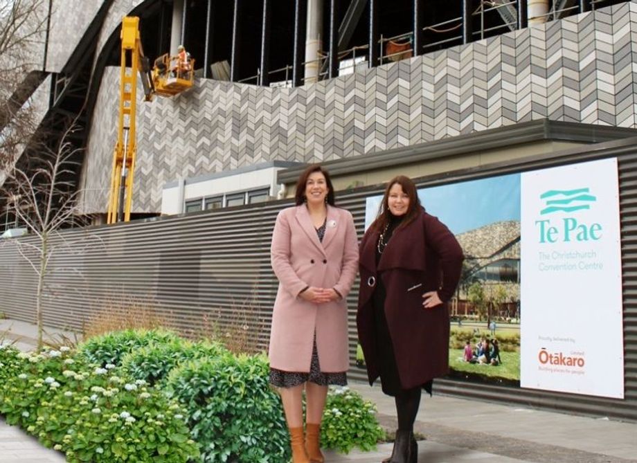 ChristchurchNZ GM of destination and attraction, Loren Heaphy (left) and CINZ chief Lisa Hopkins meet outside Te Pae Christchurch in June.