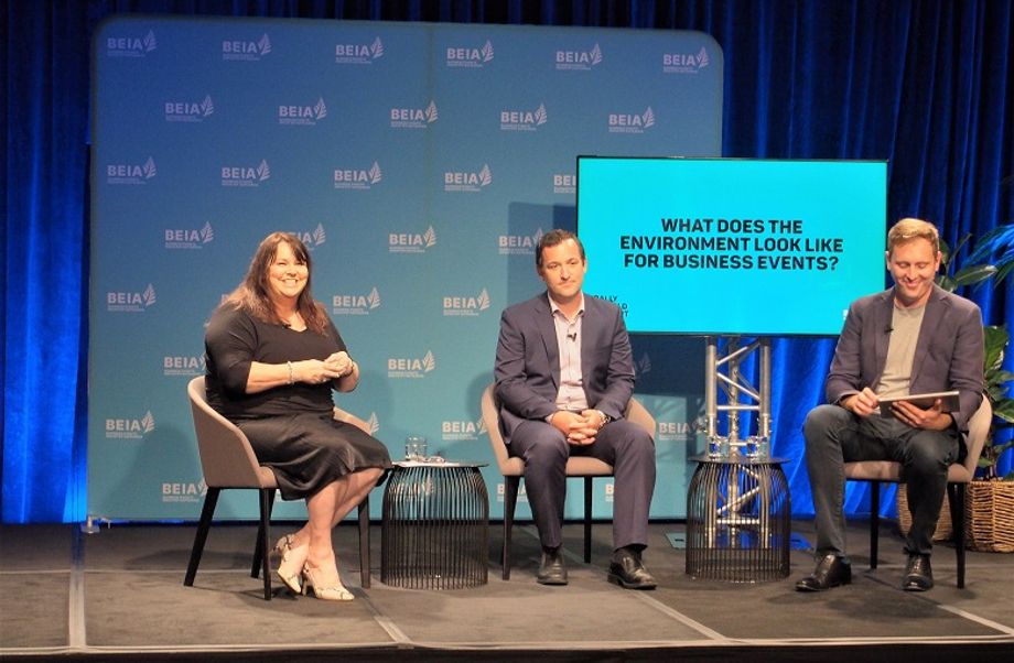 (left to right) Lisa Hopkins, BEIA chief executive; Bjoern Spreitzer, GM domestic and business events for Tourism New Zealand; and author Joe Davis.