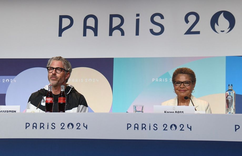 Casey Wasserman and Karen Bass discuss plans for the Los Angeles Olympic Summer Games in 2028. Credit: Jason Gewirtz