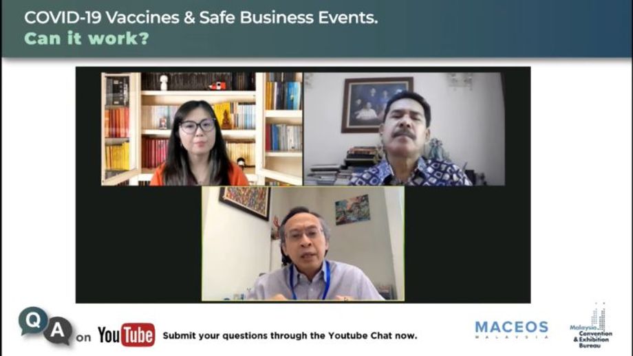 Clockwise from top left: MACEOS' Dee Dee Quah, MyCEB's Abdul Khani Daud, Professor Zulkifli Ismail and 485 attendees gathered to discuss the feasibility of restarting business events with vaccine passports.