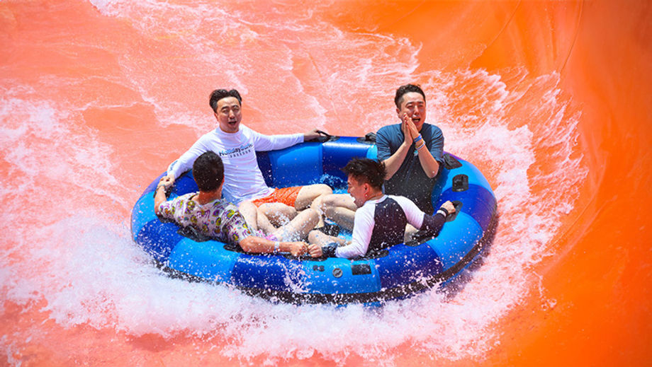 South Korean attendees getting wet during a team bonding time at Water World, Ocean Park Hong Kong.