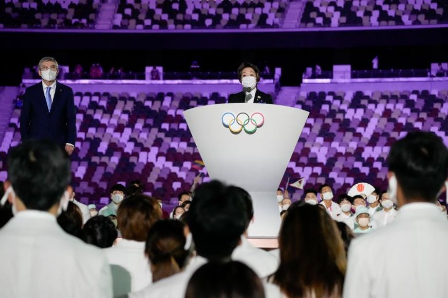 IOC President Thomas Bach with Japan's former Minister for the Tokyo Olympic and Paralympic Games, Seiko Hashimoto at the opening ceremony.