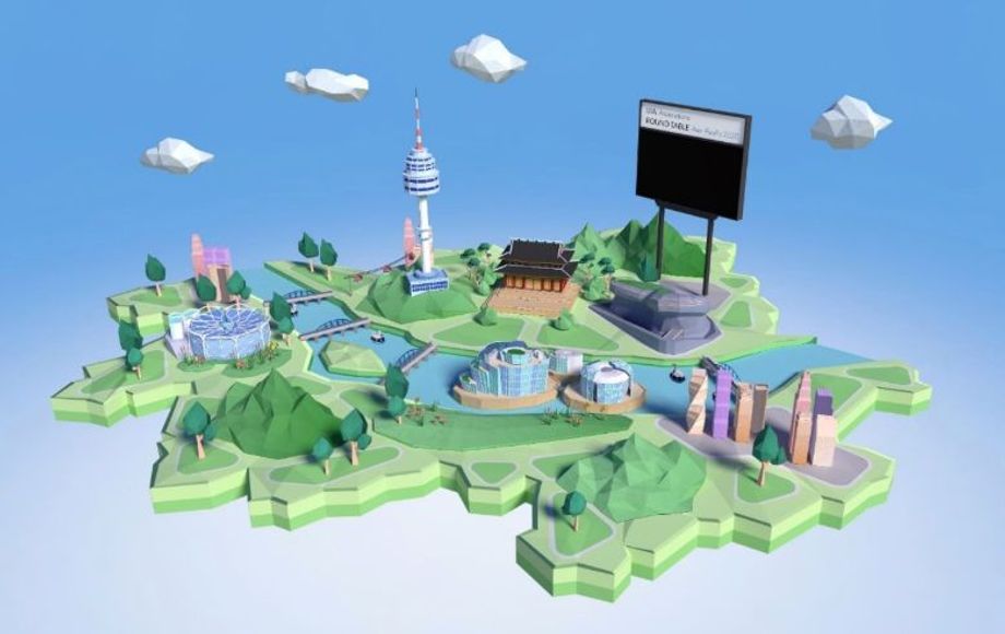 The virtual host city features icons such as N Seoul Tower, Changdeokgung Palace, Seoul Botanic Garden, Dongdaemun Design Plaza (DDP), and Floating Island Convention.