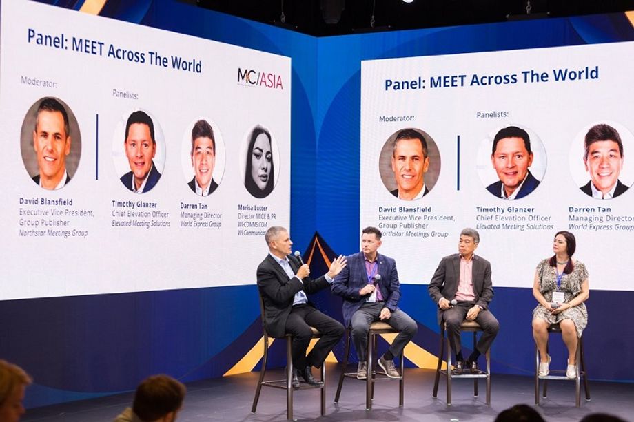 At M&C Asia Connections 2022, Northstar Meetings Group's David Blansfield led the panel discussion at Marina Bay Sands with Elevated Meeting Solutions' Timothy Glanzer, World Express Group's Darren Tan; and WI Communications' Marisa Lutter.