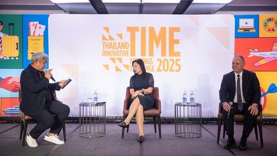 Marriott International’s Brad Edman and Four Seasons and Resorts' Betty Chan speaking at a panel moderated by Realm’s Bert Chamrernnuzit.