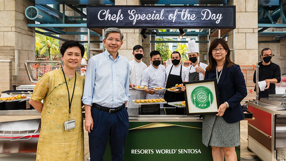 (from left) RWS’ Lee Shi Ruh, Tan Hee Teck and Loh Su Kim: receiving the highest tier certification of the Farm-to-Table Recognition Programme.
