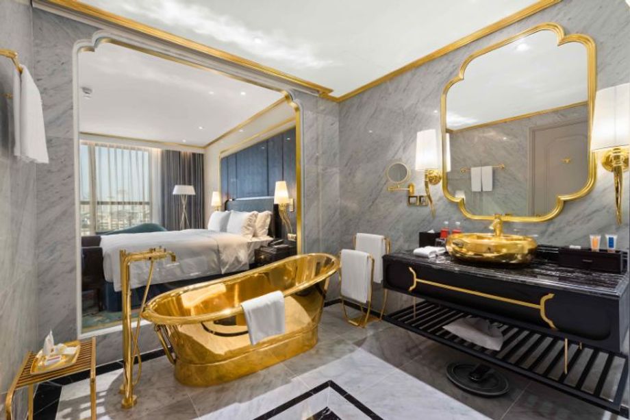 Gold-plated amenities and furnishings at Dolce by Wyndham Hanoi Golden Lake.