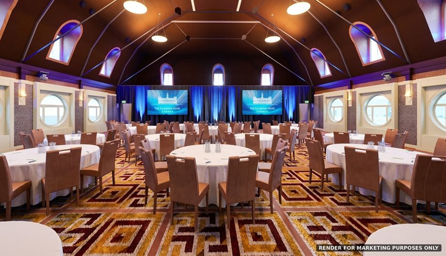 Two motorised 3.6m × 2.2m LED screens will be added to The Heritage Ballroom. Photo render for illustrative purposes.