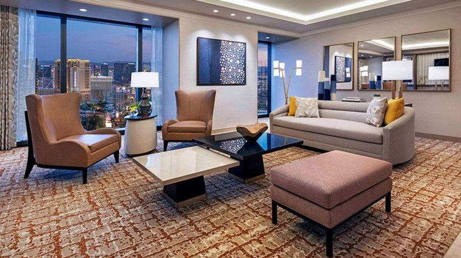 The living room area of a suite at the Las Vegas Hilton at Resorts World.