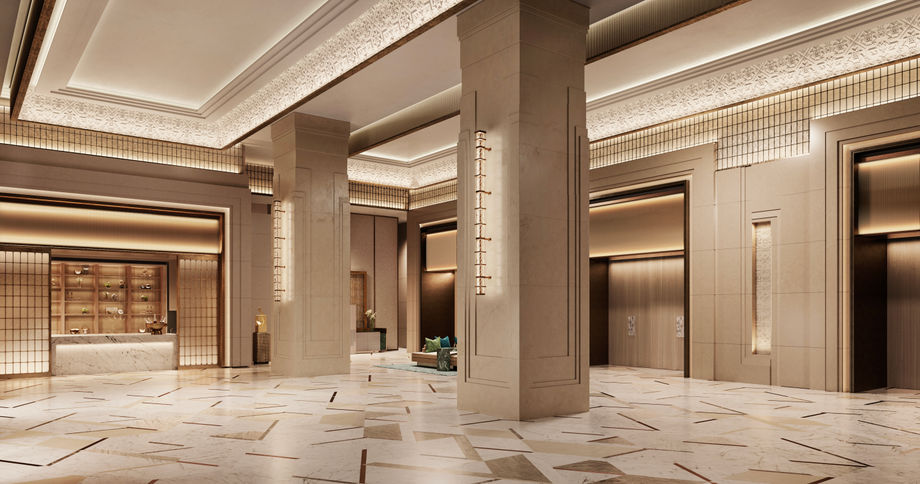 Rendering of a pre-function area outside a Waldorf Astoria Kuala Lumpur ballroom.