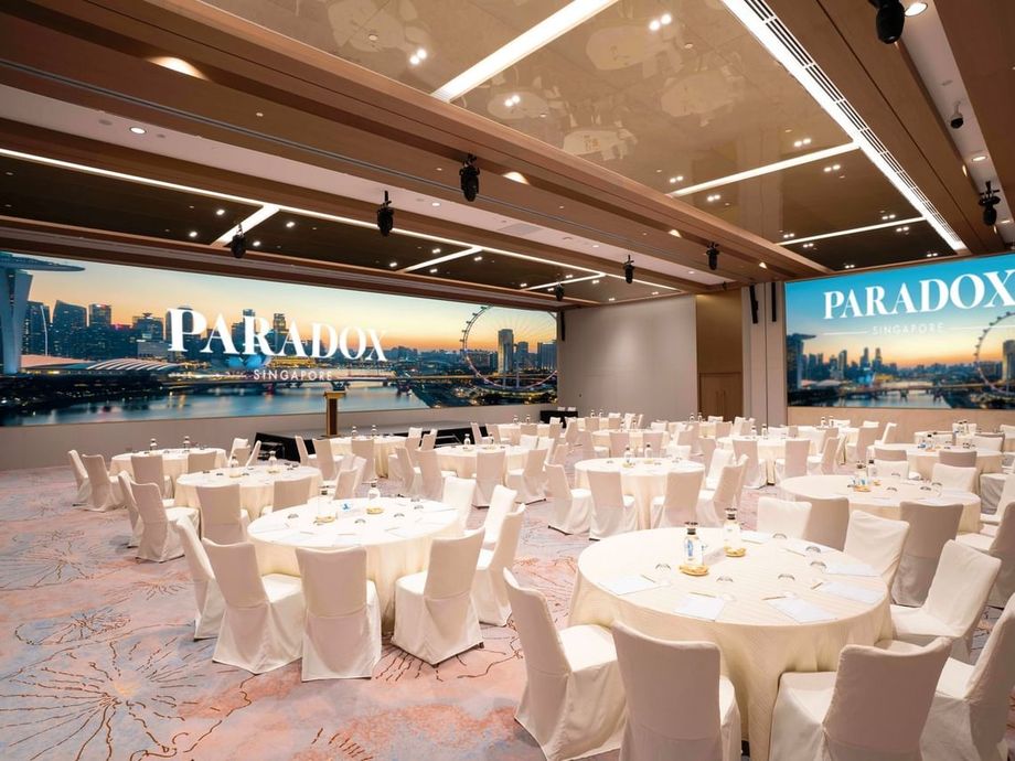 The 660sqm ballroom features a pillar-free layout with soaring 5.5-metre ceilings, floor-to-ceiling windows and fully retractable walls,