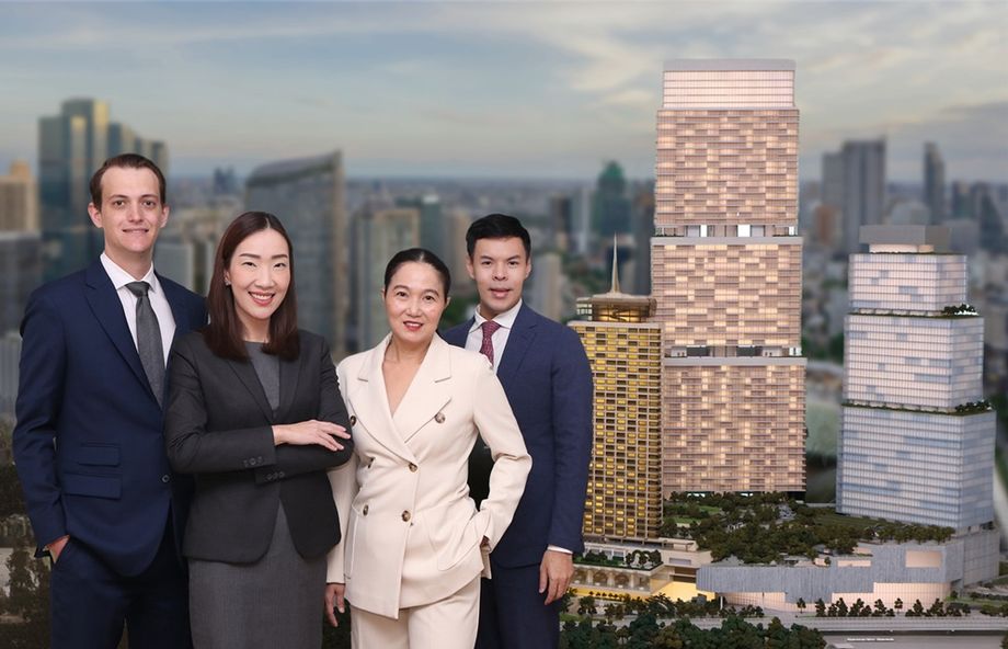 Dusit Thani Bangkok’s executive team: (from left) Jonathan Forestier, Director of Food & Beverage; Somruedee Getwansopon, Executive Assistant Manager – Rooms; Nuengruethai Sa-nguansakpakdee, Director of Sales and Distribution; Peeradej Charoendireksup, Director of Marketing